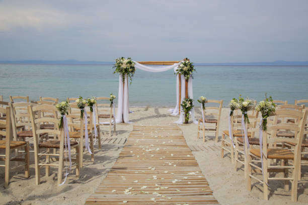 Outdoor beach wedding ceremony set up, beach wedding venue, no people, simple boho style
